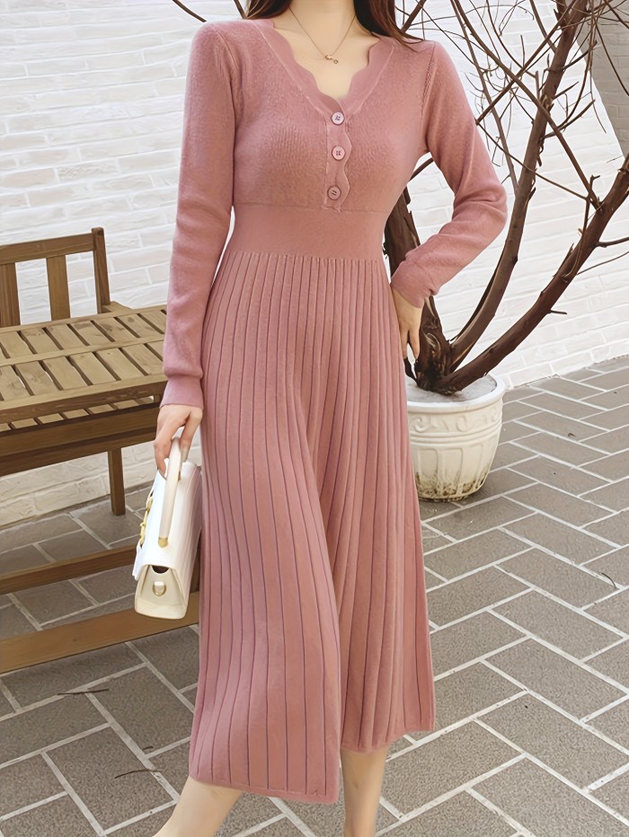 Cozy Womens Button Front V-neck Sweater Dress - Soft Knit, Long Sleeve, Solid Color - Effortless Casual Style for Winter Days