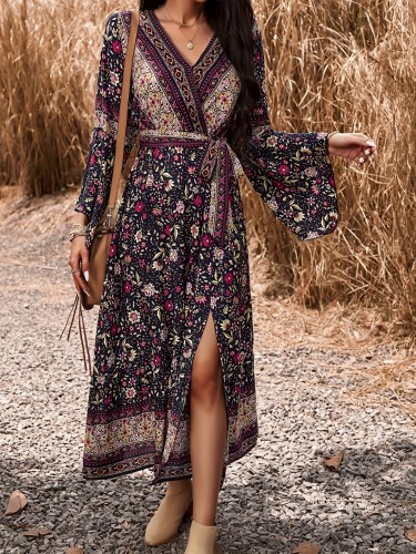 Women's Long Sleeve Floral Print Wrap Dress with Side Slit, Belted Waist, and Chic Bohemian Style