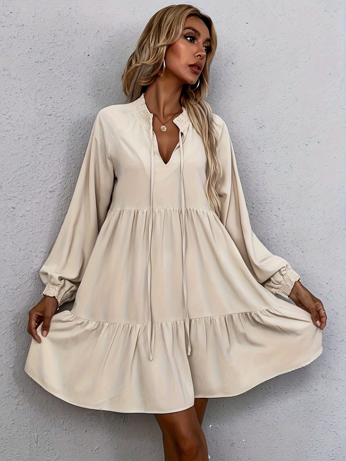 Elegant Solid Color V-Neck Dress with Tie Detail - Polyester, Machine Washable - Perfect for All Seasons