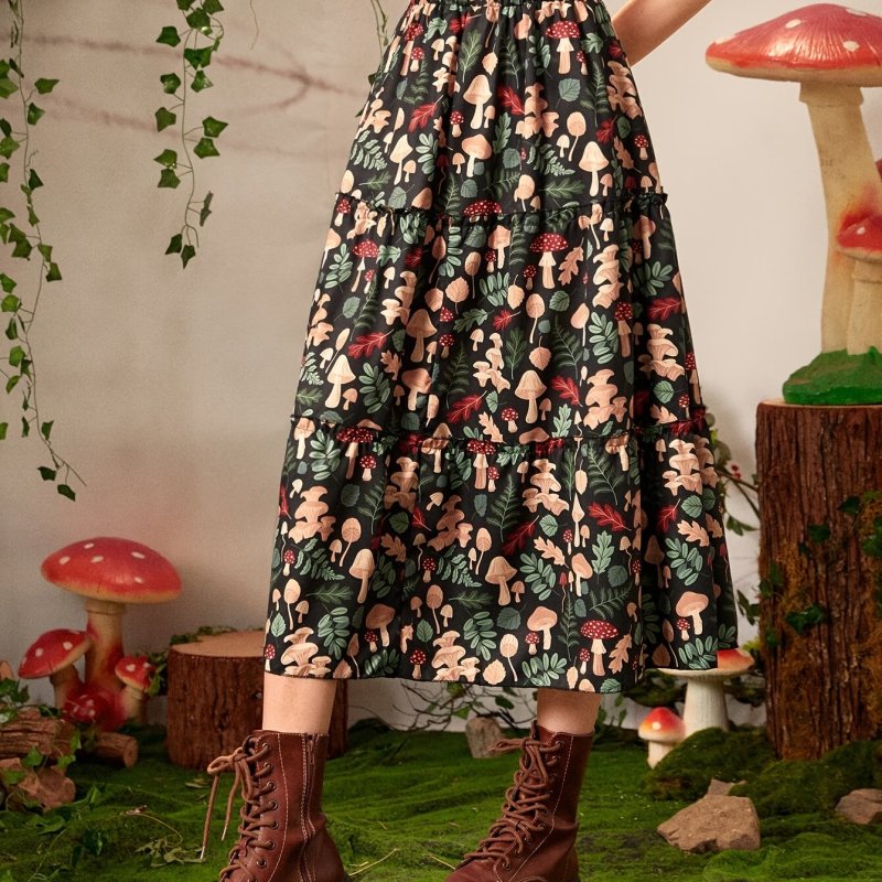 Vibrant Mushroom Print Elastic Waist A-Line Skirt - Women's Elegant Spring & Summer Clothing - Comfortable, Flowy, and Flattering Design for Various Body Types