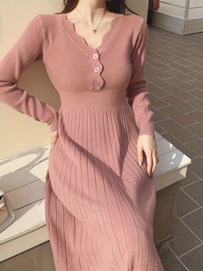 Cozy Womens Button Front V-neck Sweater Dress - Soft Knit, Long Sleeve, Solid Color - Effortless Casual Style for Winter Days