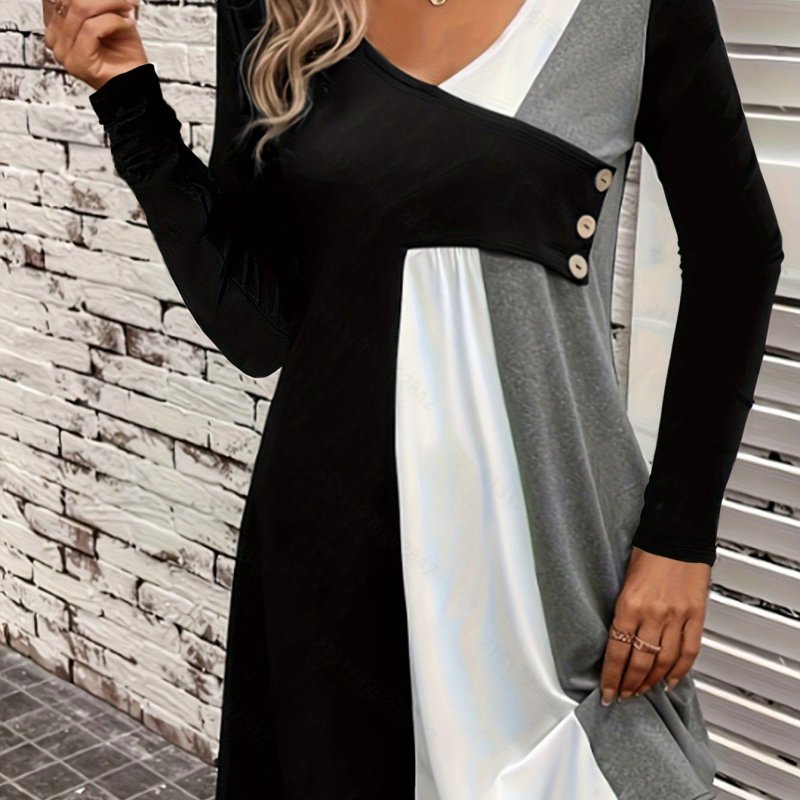 Stylish Color Block V-Neck Dress for Women - Soft Stretchy Polyester & Elastane Blend, Machine Washable, Comfortable Fit - Perfect for Fall and Winter Casual Occasions