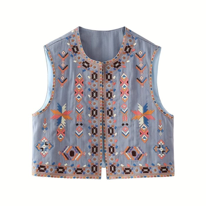 Embroidered Floral Polyester Vest for Adults - Casual Crew Neck Woven Vest with Embroidery Details, All-Season Style CT00889CC