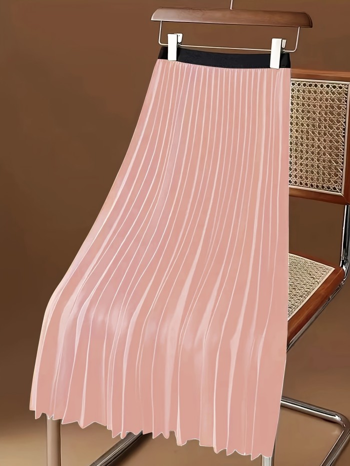 Elegant Solid Color Midi Skirt - Pleated, Mid-Elasticity, Polyester Fabric, Woven, No Printing, Spring\u002FSummer\u002FFall Essential - Casual, Comfortable, and Versatile Womens Clothing