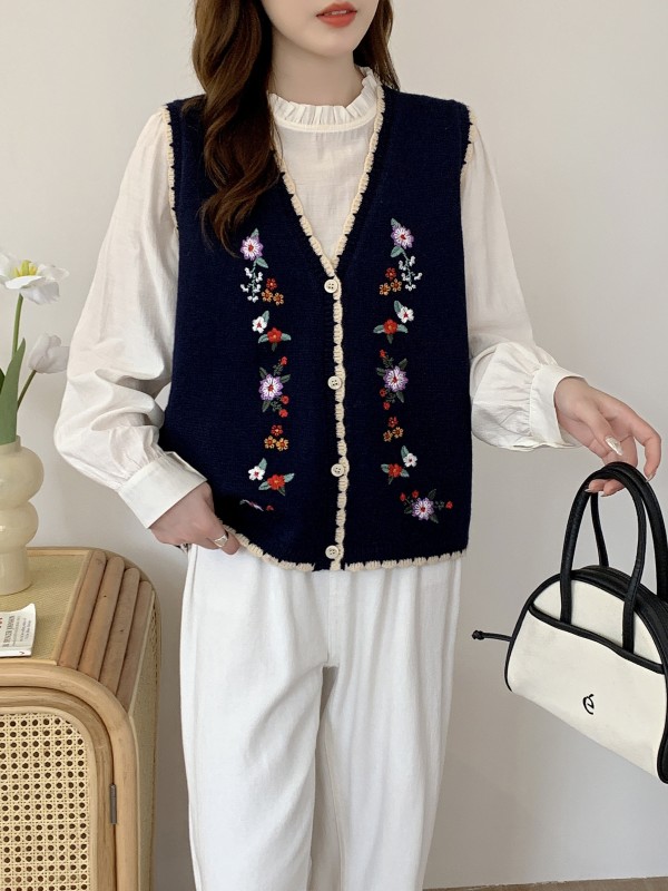 Vintage Women's Sleeveless Floral Embroidered Knitted Vest with Contrast Trim, Button Front Design for Spring & Fall