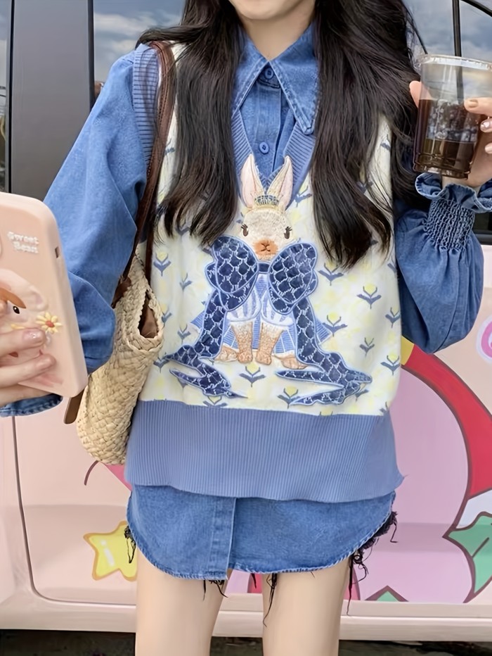 Chic Bunny Embroidered V-Neck Knit Sweater Vest for Women - Cozy Polyester, Perfect for Fall\u002FWinter