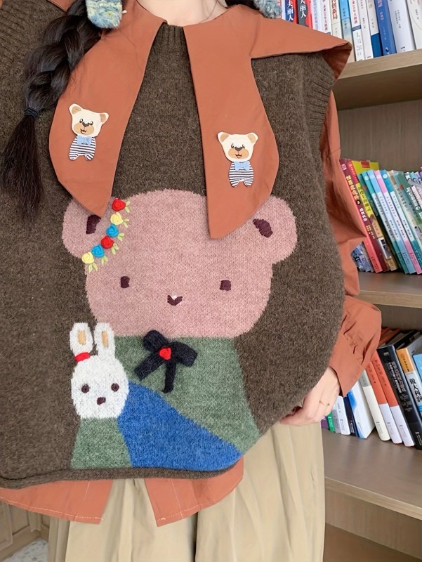Chic Embroidered Cartoon Knit Vest - Sleeveless, Loose Fit for Women | Perfect for Fall\u002FWinter