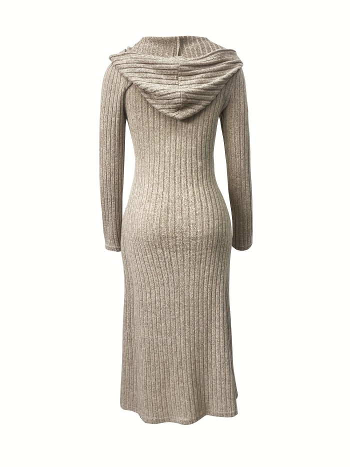 Elegant Hooded Bodycon Dress for Women - Stretchy, Slimming Knit with Long Sleeves & Zip Detail, Machine Washable