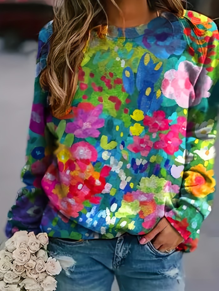 Vintage Chic Floral Print Pullover Sweatshirt for Women - Crew Neck, Raglan Sleeve, Relaxed Fit