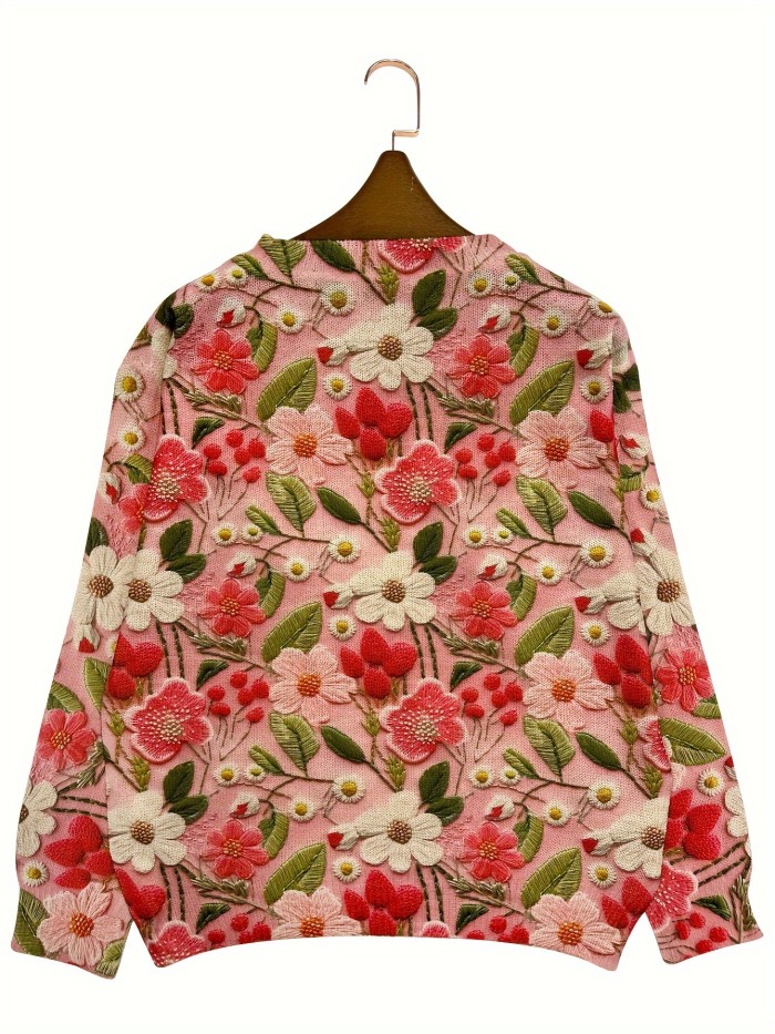 Stylish Long Sleeve Floral Print Crew Neck Pullover Sweater - Soft Slight Stretch Polyester Fabric, Regular Fit, Hand Washable, Perfect for Spring & Fall - Womens Casual Clothing