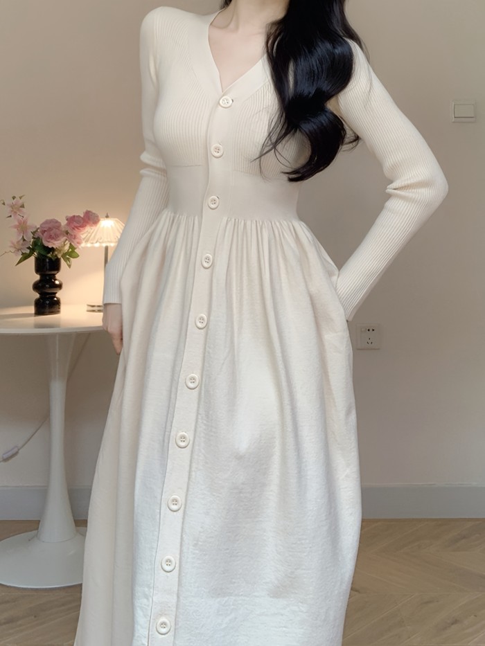 Chic A-Line Knit Dress - Button Front, V Neck, Long Sleeve, Solid Color, Perfect for Fall and Winter, Women's Clothing
