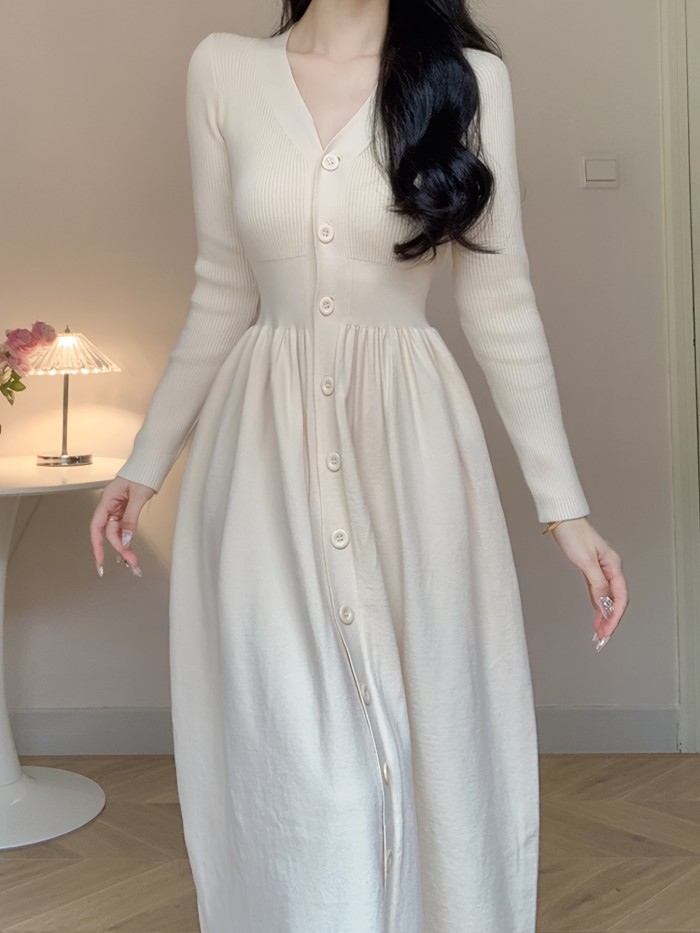 Chic A-Line Knit Dress - Button Front, V Neck, Long Sleeve, Solid Color, Perfect for Fall and Winter, Women's Clothing