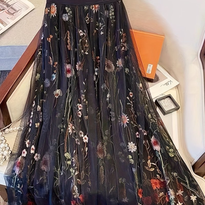 Feminine Floral Mesh Overlay Skirt - Flattering Elastic Waistband, Fashion-Forward Design for Spring & Fall - Trendsetters Choice, Womens Clothing
