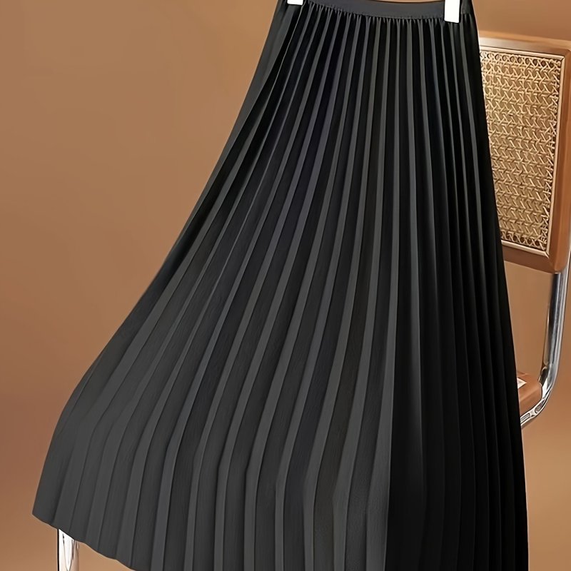 Elegant Solid Color Midi Skirt - Pleated, Mid-Elasticity, Polyester Fabric, Woven, No Printing, Spring\u002FSummer\u002FFall Essential - Casual, Comfortable, and Versatile Womens Clothing