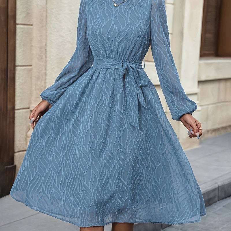 Elegant Solid Color Tie-Waist Dress for Women - Crew Neck, Long Sleeve, Polyester - Perfect for Spring & Fall