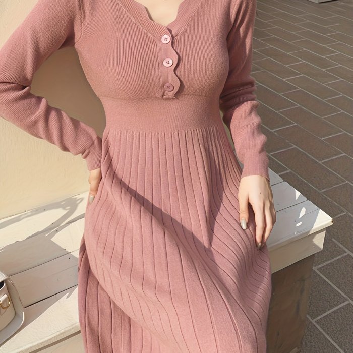 Cozy Womens Button Front V-neck Sweater Dress - Soft Knit, Long Sleeve, Solid Color - Effortless Casual Style for Winter Days