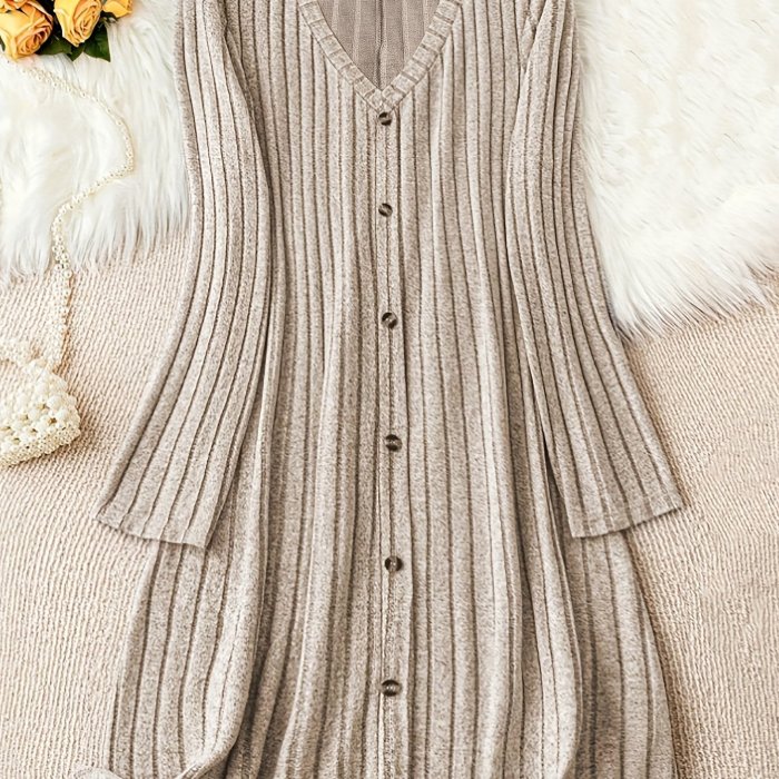 Stylish Plus Size V Neck Ribbed Dress - Plus Size Dresses for Fall & Winter - Long Sleeve, Button Front, Casual, Comfortable, and Flattering