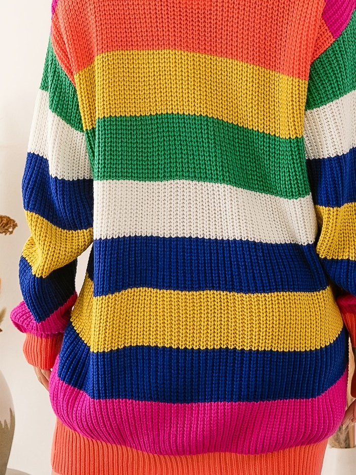 Rainbow Stripe Knit Cardigan - Fashionable & Comfy Button Down Sweater - Soft, Breathable Long Sleeve for Womens Casual Wear