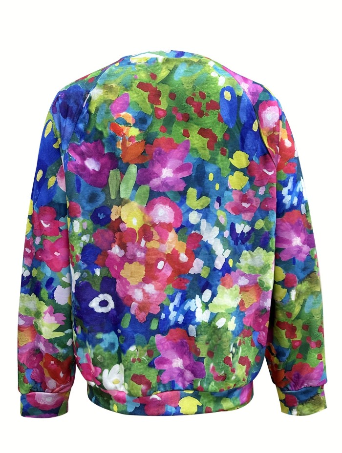Vintage Chic Floral Print Pullover Sweatshirt for Women - Crew Neck, Raglan Sleeve, Relaxed Fit