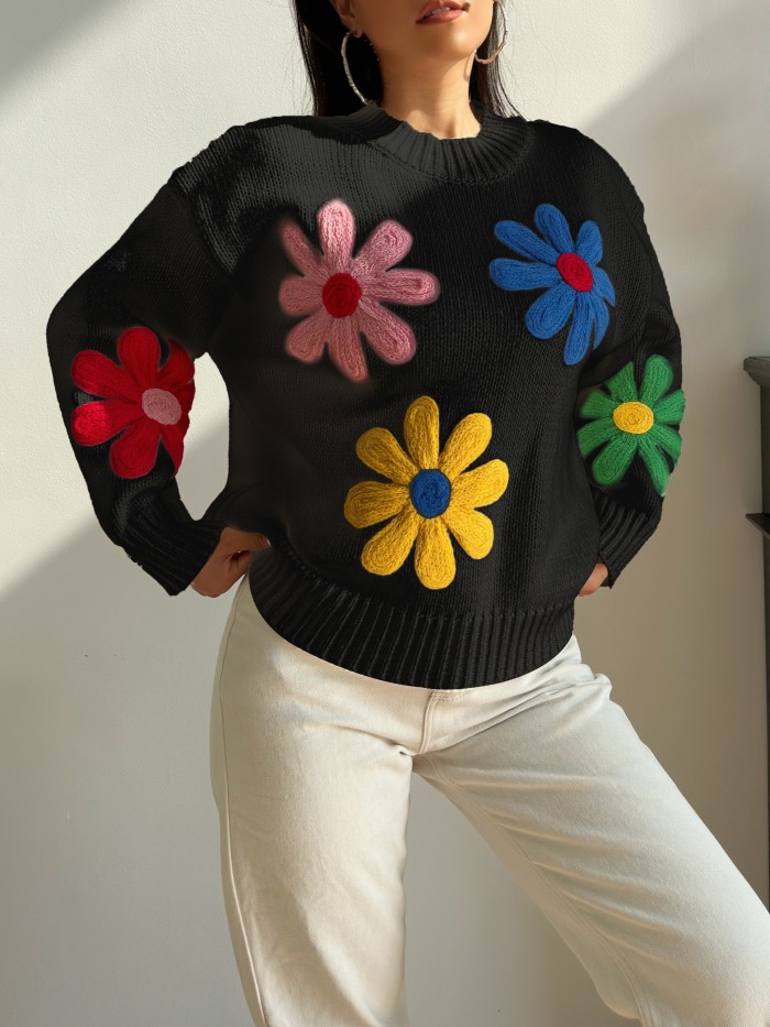 Cozy Floral Crew Neck Pullover Sweater - Women's Casual Long Sleeve Fall Winter Sweater for Daily Wear - Soft, Warm, and Comfortable Clothing for Ladies