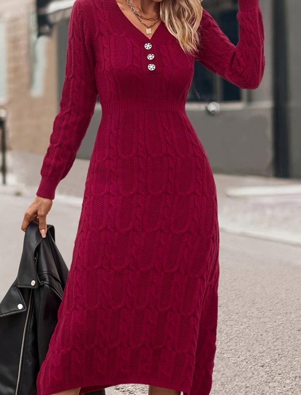 Cable Knit V Neck Dress, Casual Solid Button Front Long Sleeve Sweater Dress For Spring & Fall, Women's Clothing