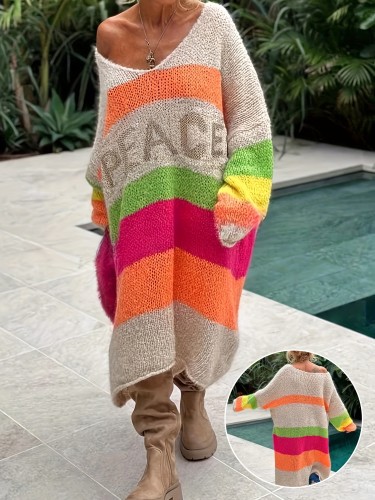 Plus Size Peace Letter Pattern Midi Knitted Dress - V Neck, Long Sleeve, Casual Striped Fashion - Polyester, Medium Stretch, Fall\u002FWinter Season, No Sheer