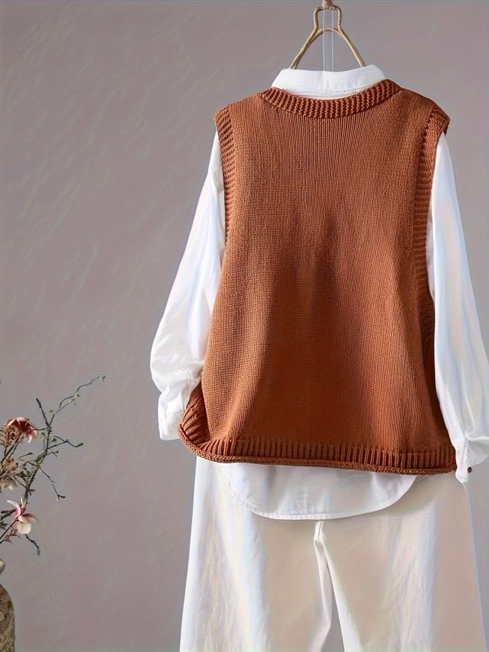 Elegant Embroidered Tribal Knit Vest for Women - Polyester V-Neck Sleeveless Cardigan with Placket, All-Season Wear