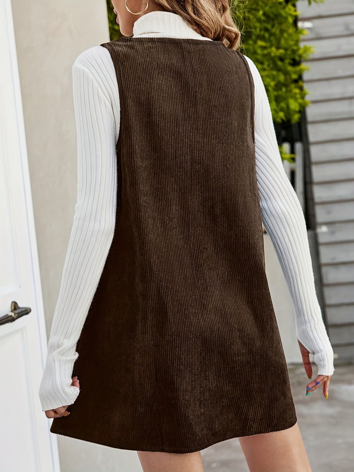 Fast Arrival Elegant Women's Solid Color V-Neck Corduroy Sleeveless Tank Overall Dress for Spring & Fall