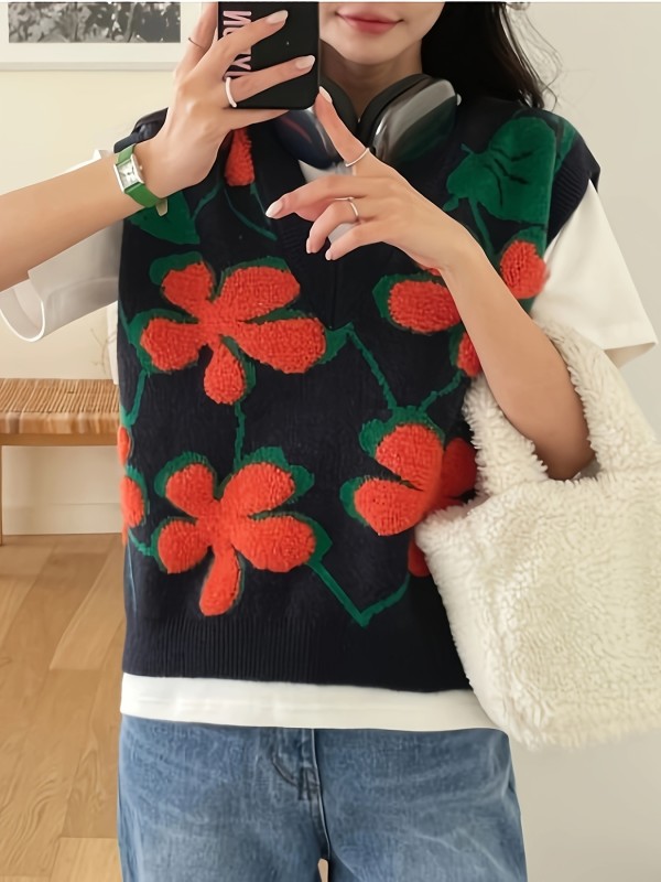 Floral Embroidered V Neck Vest, Casual Sleeveless Slim Color Block Knitted Vest For Fall & Winter, Women's Clothing