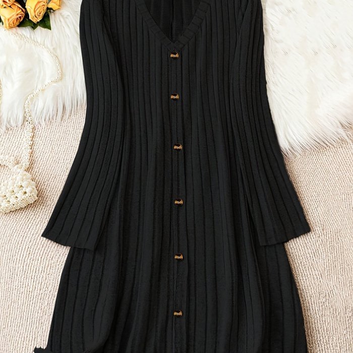 Stylish Plus Size V Neck Ribbed Dress - Plus Size Dresses for Fall & Winter - Long Sleeve, Button Front, Casual, Comfortable, and Flattering
