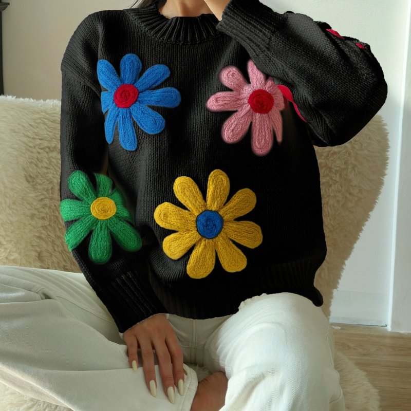 Cozy Floral Crew Neck Pullover Sweater - Women's Casual Long Sleeve Fall Winter Sweater for Daily Wear - Soft, Warm, and Comfortable Clothing for Ladies
