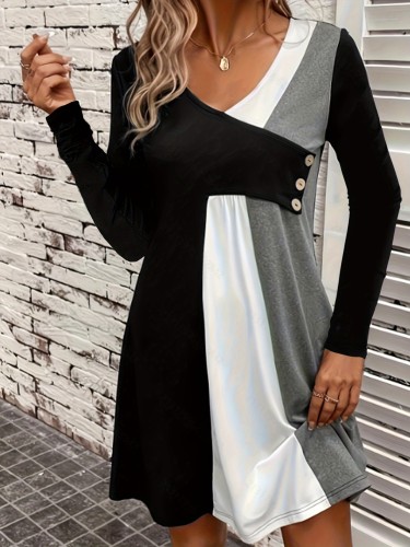 Stylish Color Block V-Neck Dress for Women - Soft Stretchy Polyester & Elastane Blend, Machine Washable, Comfortable Fit - Perfect for Fall and Winter Casual Occasions