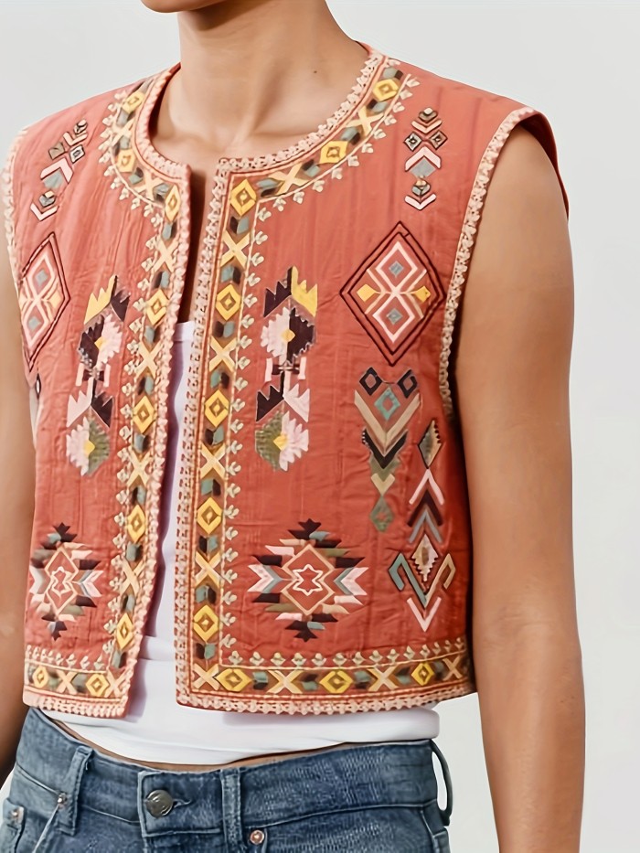Embroidered Floral Polyester Vest for Adults - Casual Crew Neck Woven Vest with Embroidery Details, All-Season Style CT00889CC