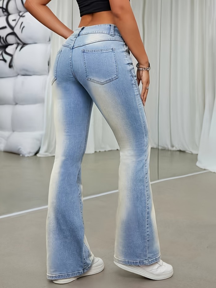 Retro Mid Low Waist Slightly Flared Gradient Light Blue Jeans, Stretchy Flared Leg Jeans, Casual Stylish Bell-Bottom Pants For Every Day, Women's Clothing & Denim -this Style Runs Small In The Waist