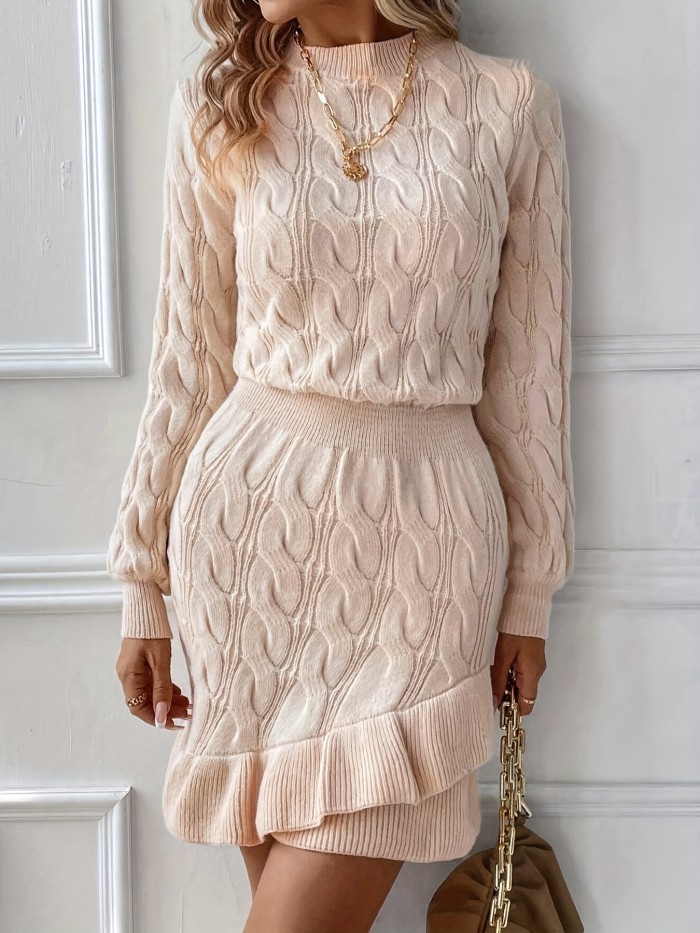 Ruffle Hem Knitted Bodycon Dress, Elegant Crew Neck Long Sleeve Dress For Spring & Fall, Women's Clothing