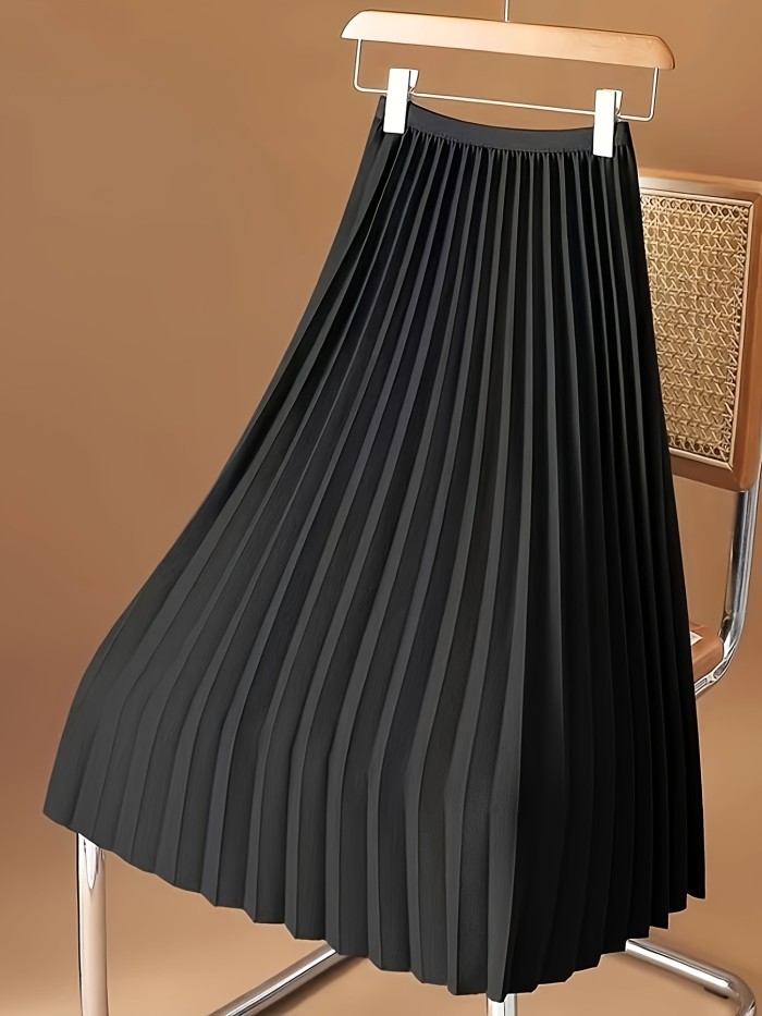 Elegant Solid Color Midi Skirt - Pleated, Mid-Elasticity, Polyester Fabric, Woven, No Printing, Spring\u002FSummer\u002FFall Essential - Casual, Comfortable, and Versatile Womens Clothing