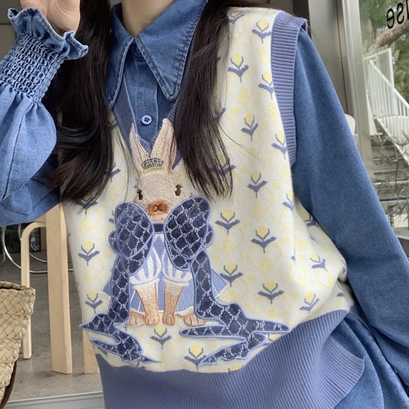 Chic Bunny Embroidered V-Neck Knit Sweater Vest for Women - Cozy Polyester, Perfect for Fall\u002FWinter
