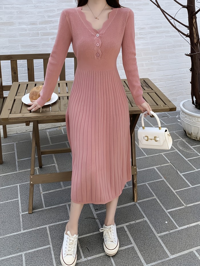 Cozy Womens Button Front V-neck Sweater Dress - Soft Knit, Long Sleeve, Solid Color - Effortless Casual Style for Winter Days