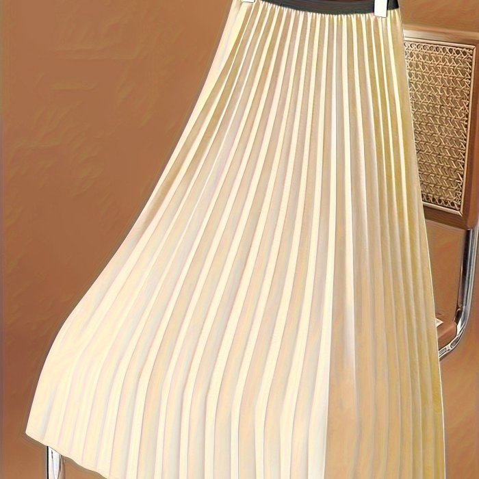 Elegant Solid Color Midi Skirt - Pleated, Mid-Elasticity, Polyester Fabric, Woven, No Printing, Spring\u002FSummer\u002FFall Essential - Casual, Comfortable, and Versatile Womens Clothing