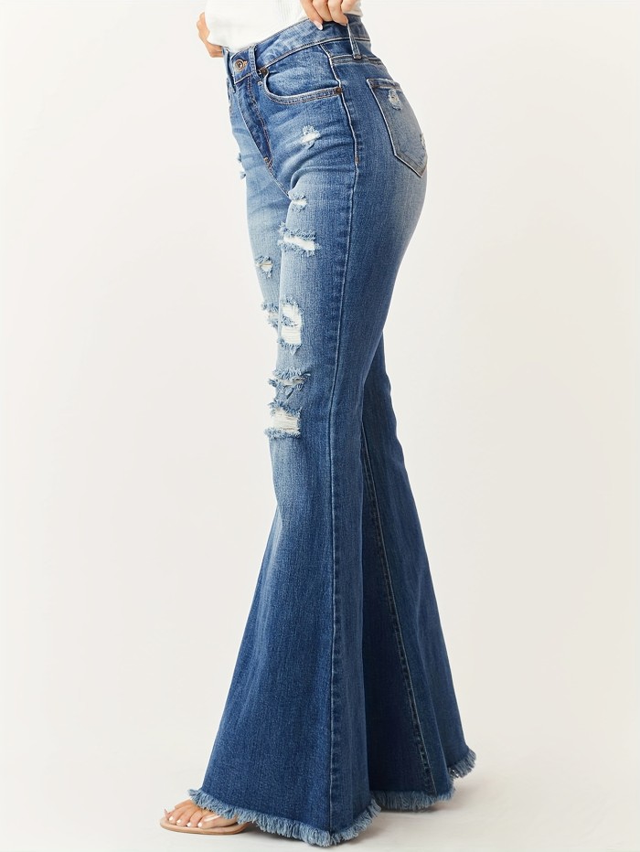 Fashionable Flared Leg Jeans - Ripped Detail & Raw Hem - Vintage Casual Style for Women
