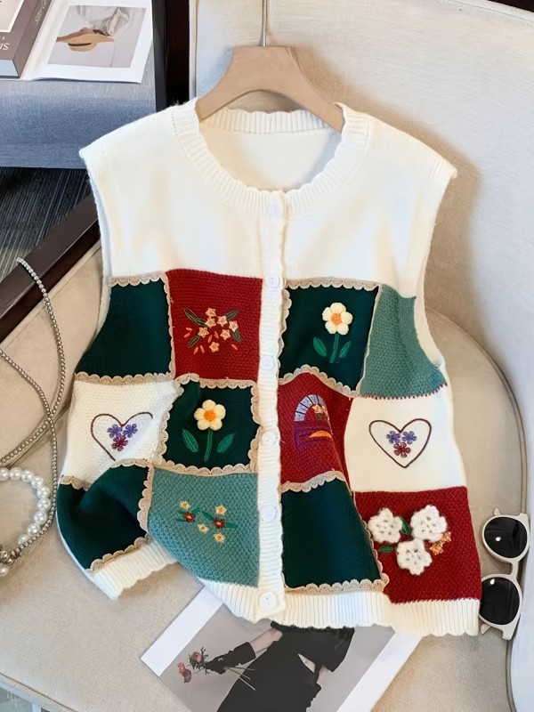 Chic Japanese-Inspired Embroidered Knit Vest - Sleeveless, Round Neck, Perfect for Layering - Polyester, Hand Wash\u002FDry Clean