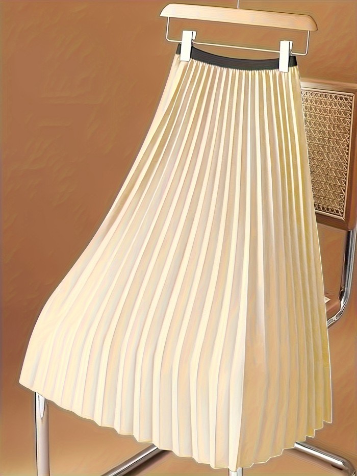 Elegant Solid Color Midi Skirt - Pleated, Mid-Elasticity, Polyester Fabric, Woven, No Printing, Spring\u002FSummer\u002FFall Essential - Casual, Comfortable, and Versatile Womens Clothing