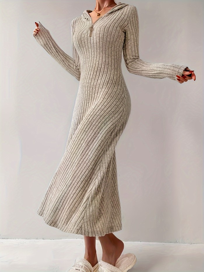 Elegant Hooded Bodycon Dress for Women - Stretchy, Slimming Knit with Long Sleeves & Zip Detail, Machine Washable