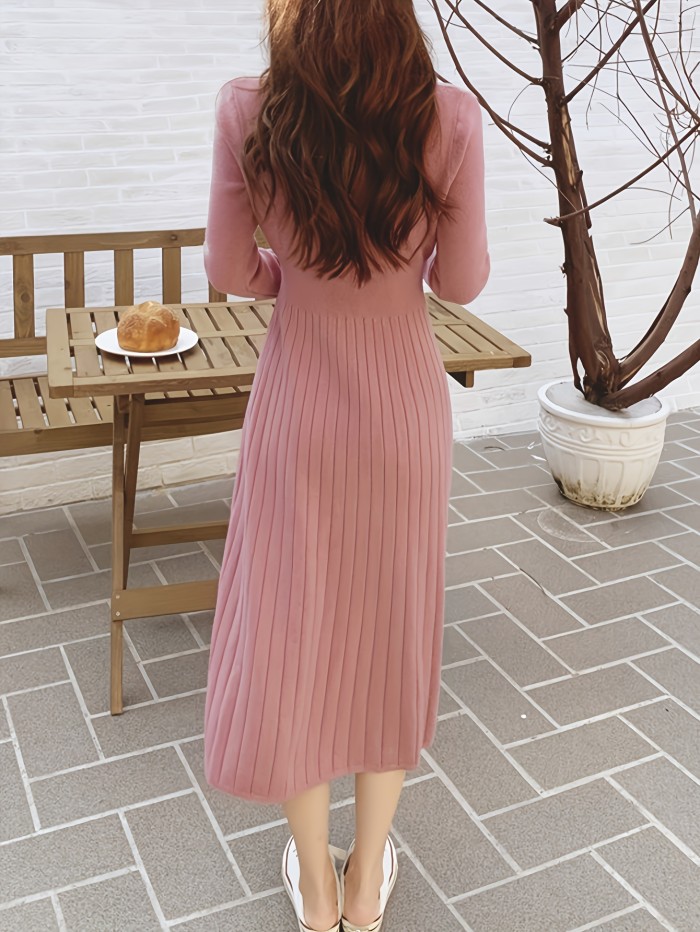 Cozy Womens Button Front V-neck Sweater Dress - Soft Knit, Long Sleeve, Solid Color - Effortless Casual Style for Winter Days