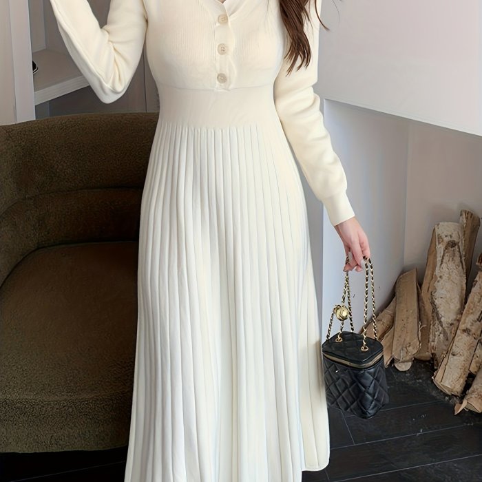 Cozy Womens Button Front V-neck Sweater Dress - Soft Knit, Long Sleeve, Solid Color - Effortless Casual Style for Winter Days