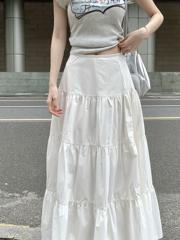 Women Long Skirt, Elegant Pleated Solid A-line Skirt Flowy Summer Swing Skirt for Casual Daily