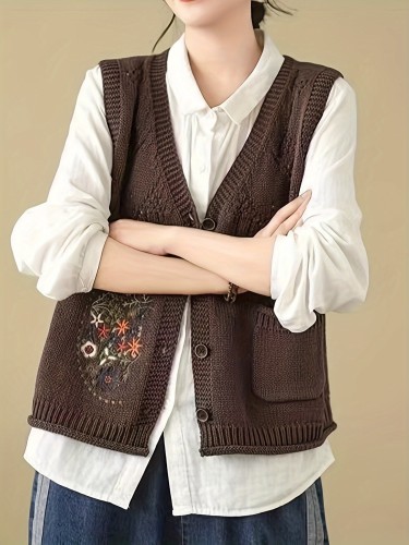 Elegant Embroidered Tribal Knit Vest for Women - Polyester V-Neck Sleeveless Cardigan with Placket, All-Season Wear