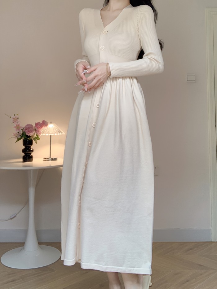 Chic A-Line Knit Dress - Button Front, V Neck, Long Sleeve, Solid Color, Perfect for Fall and Winter, Women's Clothing
