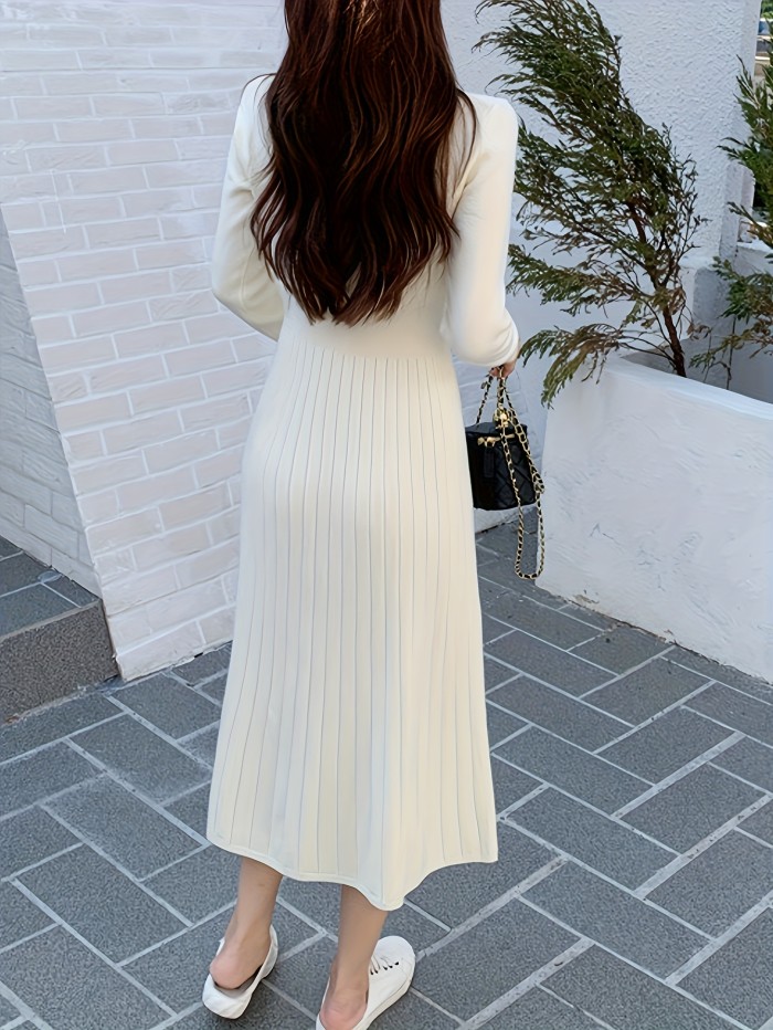 Cozy Womens Button Front V-neck Sweater Dress - Soft Knit, Long Sleeve, Solid Color - Effortless Casual Style for Winter Days