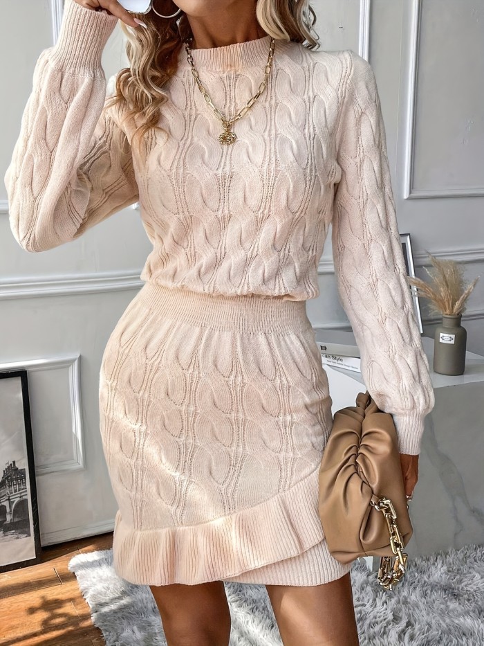 Ruffle Hem Knitted Bodycon Dress, Elegant Crew Neck Long Sleeve Dress For Spring & Fall, Women's Clothing